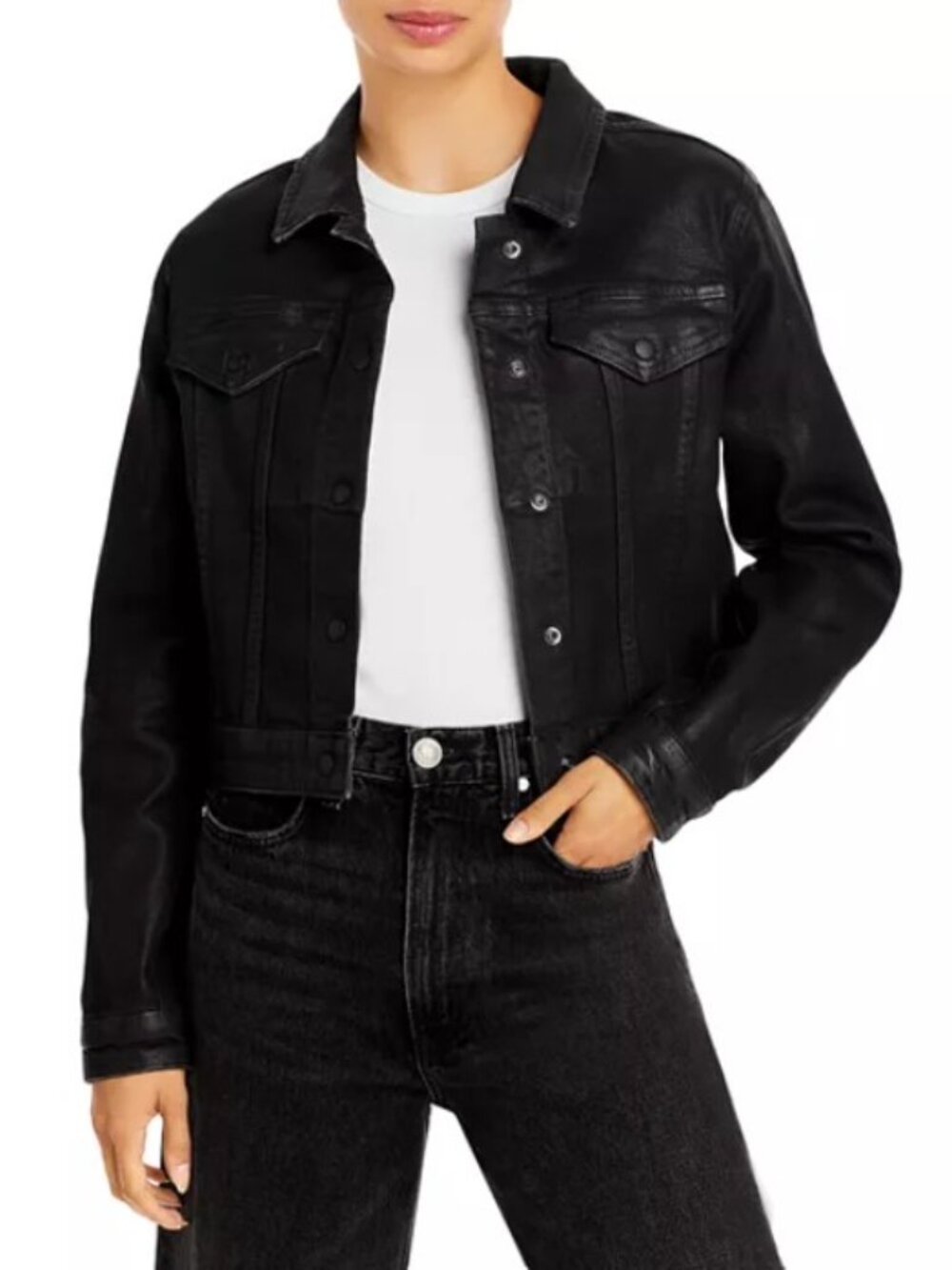 FRAME‎ Le Cropped Coated Denim Jacket - Size Small - Black